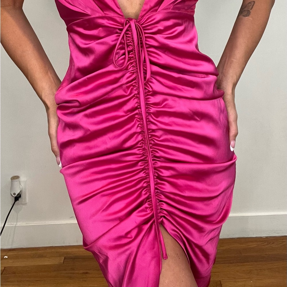 NBD Fuchsia Satin Midi Dress